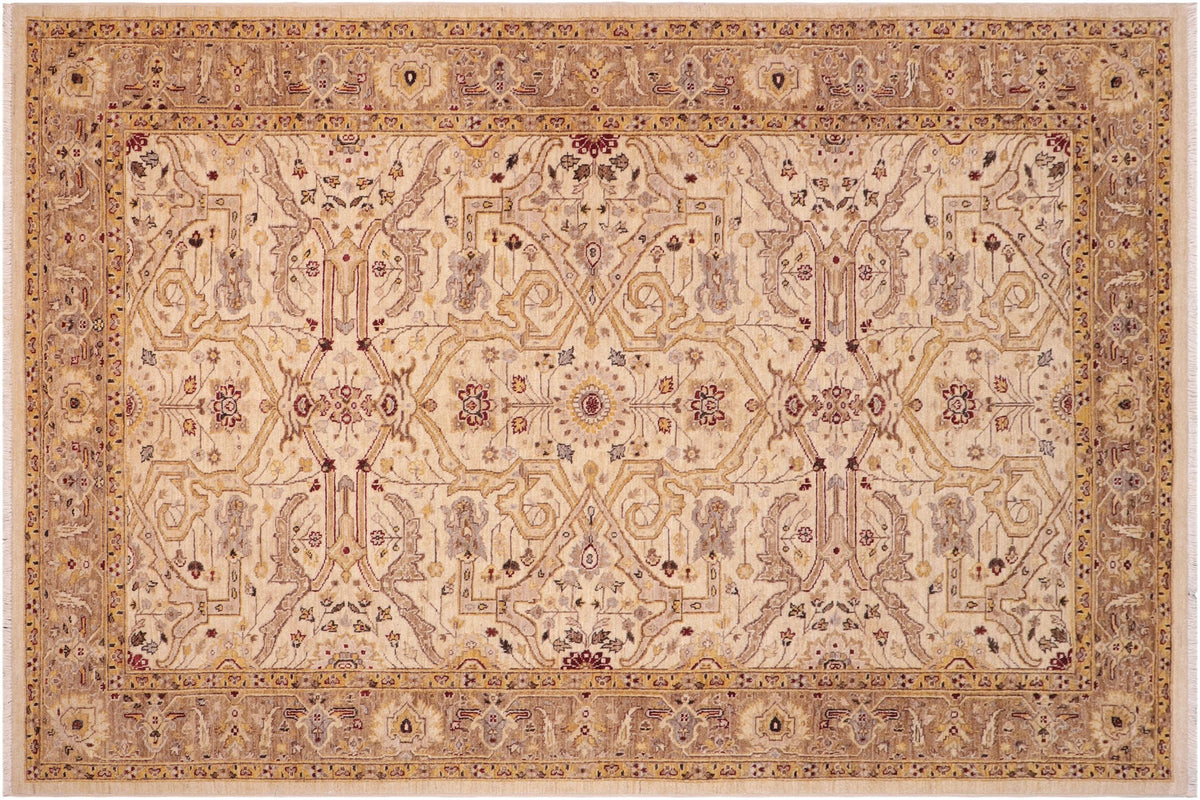 handmade Transitional Kafkaz Ivory Gold Hand Knotted RECTANGLE 100% WOOL area rug 6' x 9'