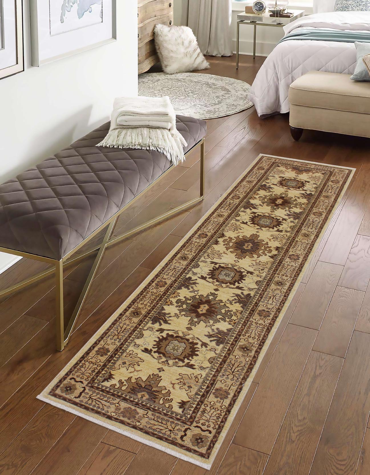 handmade Geometric Kafkaz Lt. Gold Tan Hand Knotted RUNNER 100% WOOL area rug 3' x 9'