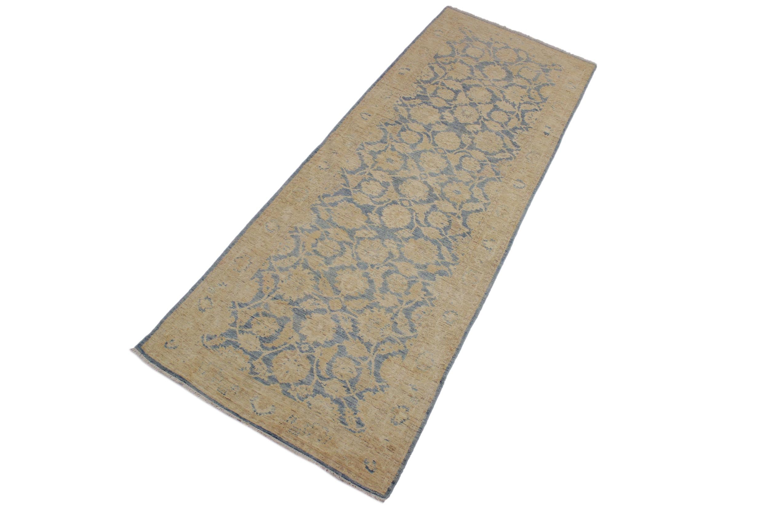 handmade Transitional Kafkaz Lt. Blue Lt. Gold Hand Knotted RUNNER 100% WOOL area rug 4' x 11'