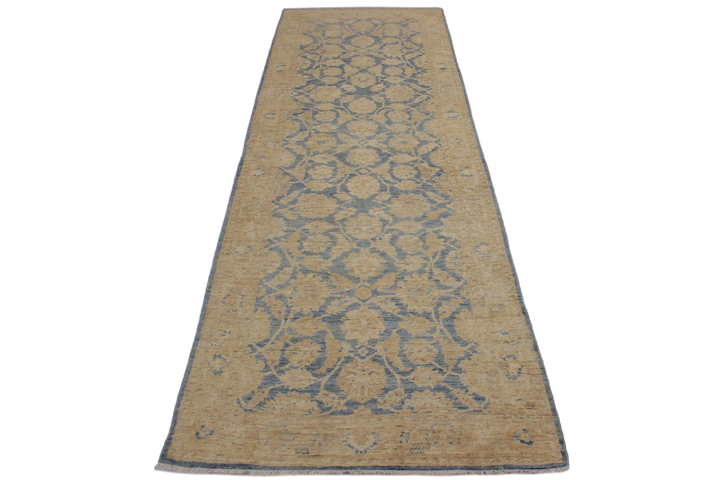 handmade Transitional Kafkaz Lt. Blue Lt. Gold Hand Knotted RUNNER 100% WOOL area rug 4' x 11'