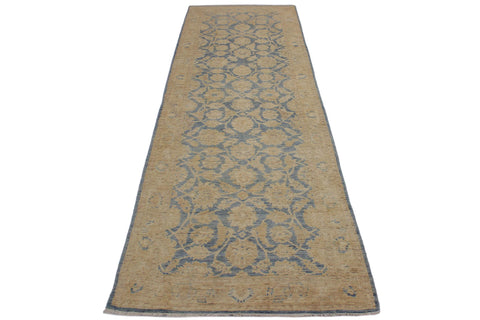 handmade Transitional Kafkaz Lt. Blue Lt. Gold Hand Knotted RUNNER 100% WOOL area rug 4' x 11'