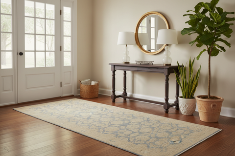 handmade Transitional Kafkaz Lt. Blue Lt. Gold Hand Knotted RUNNER 100% WOOL area rug 4' x 11'