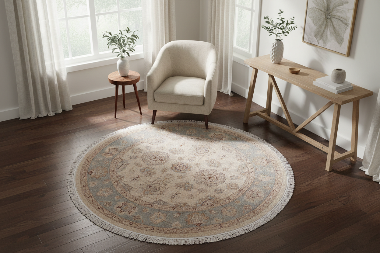 handmade Traditional Kafkaz Ivory Gray Hand Knotted ROUND 100% WOOL area rug 4' x 4'