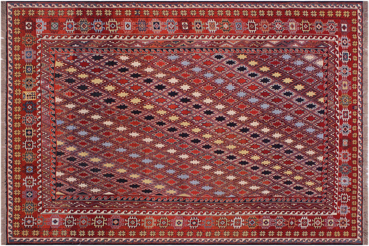 handmade Geometric Soumakh Rust Blue Hand-Woven RECTANGLE 100% WOOL area rug 6 x 8