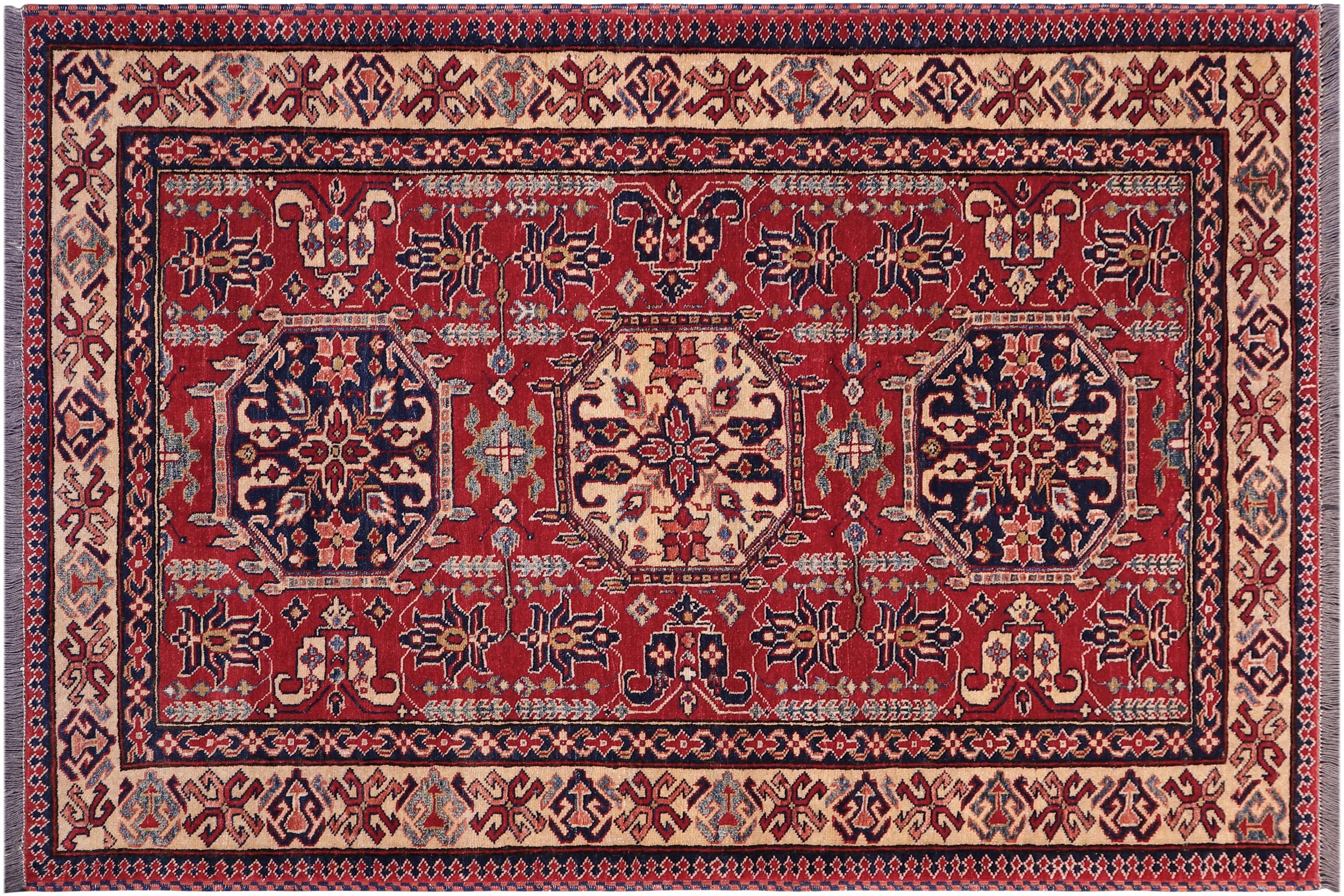 handmade Geometric Super Kazak Red Tan Hand Knotted RECTANGLE 100% WOOL area rug 4' x 6'