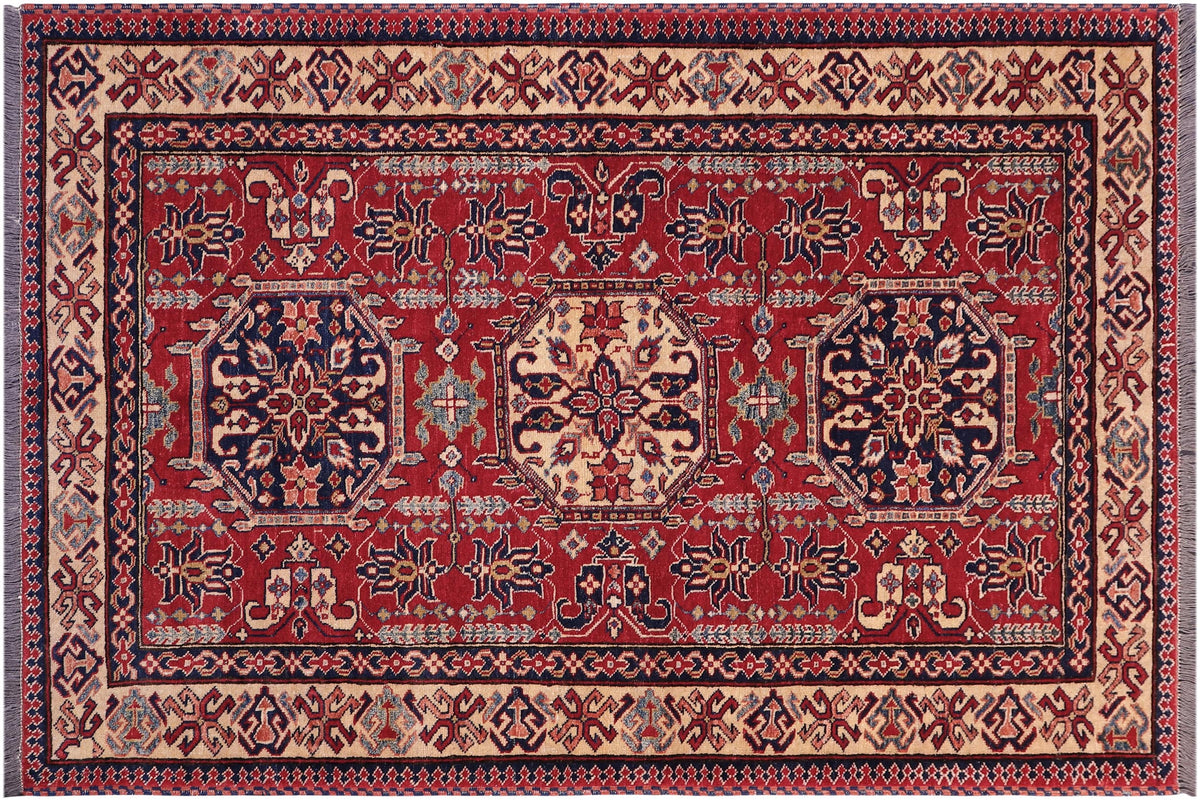 handmade Geometric Super Kazak Red Tan Hand Knotted RECTANGLE 100% WOOL area rug 4' x 6'
