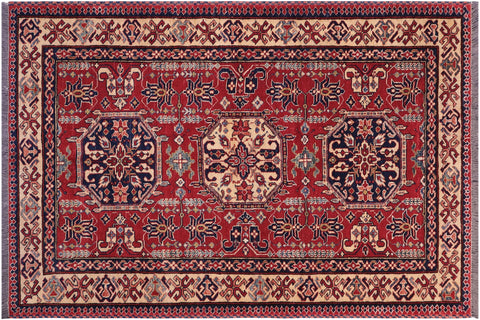 handmade Geometric Super Kazak Red Tan Hand Knotted RECTANGLE 100% WOOL area rug 4' x 6'