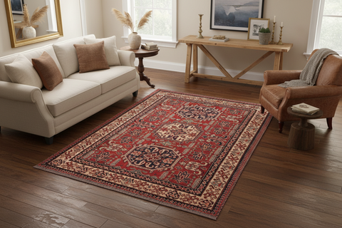 handmade Geometric Super Kazak Red Tan Hand Knotted RECTANGLE 100% WOOL area rug 4' x 6'