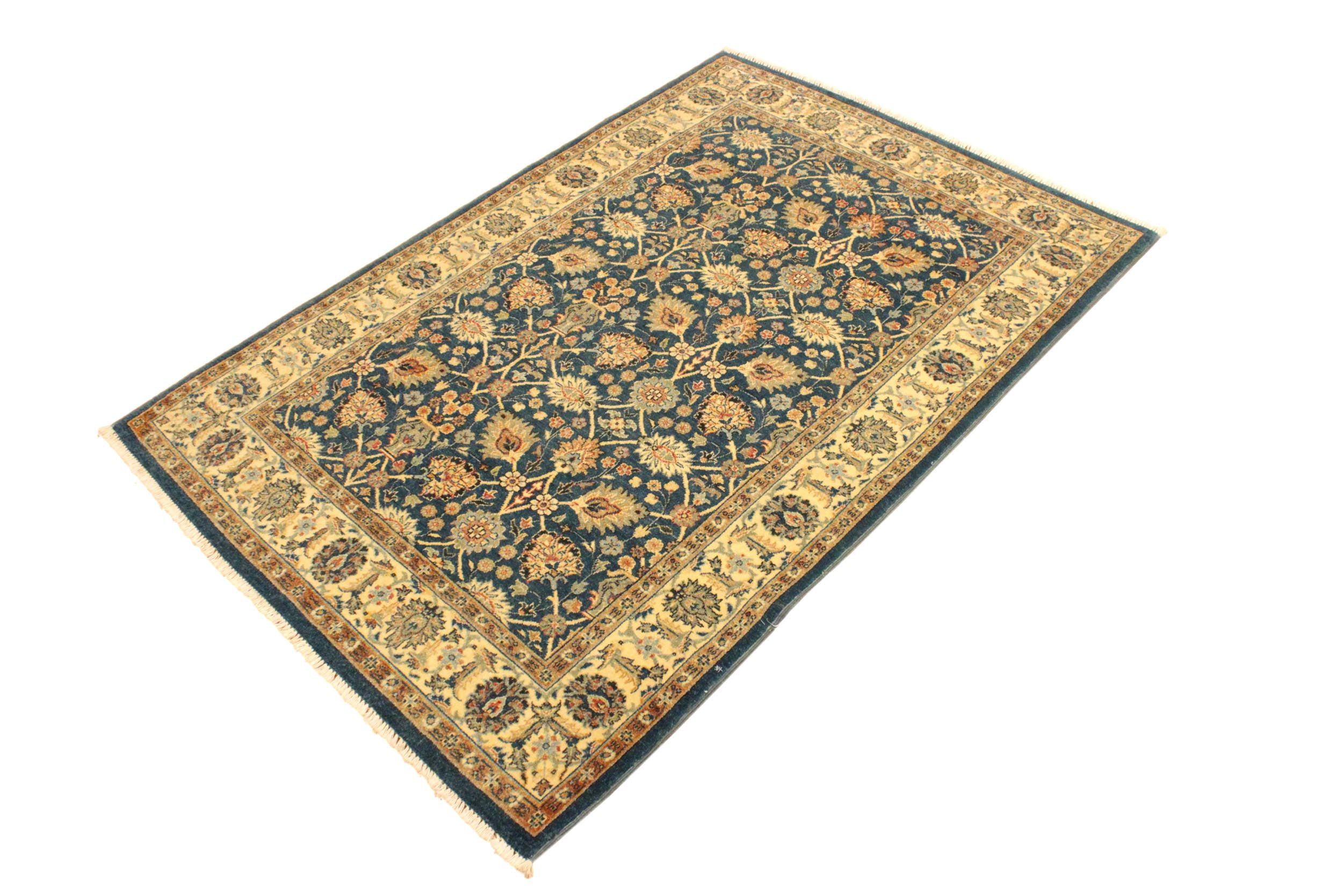 handmade Traditional Design Teal Ivory Hand Knotted RECTANGLE 100% WOOL area rug 4' x 6'