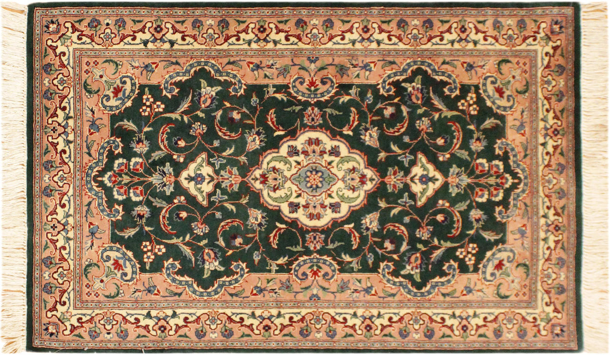 handmade Traditional Kashan Green Ivory Hand Knotted RECTANGLE 100% WOOL area rug 3x4