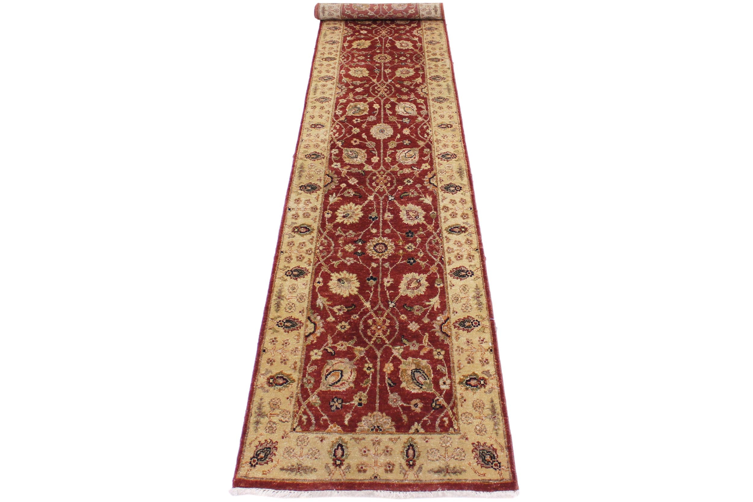 handmade Transitional Kirman Red Gold Hand Knotted RUNNER 100% WOOL area rug 3' x 12'