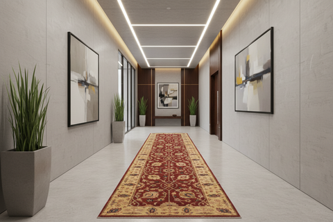 handmade Transitional Kirman Red Gold Hand Knotted RUNNER 100% WOOL area rug 3' x 12'