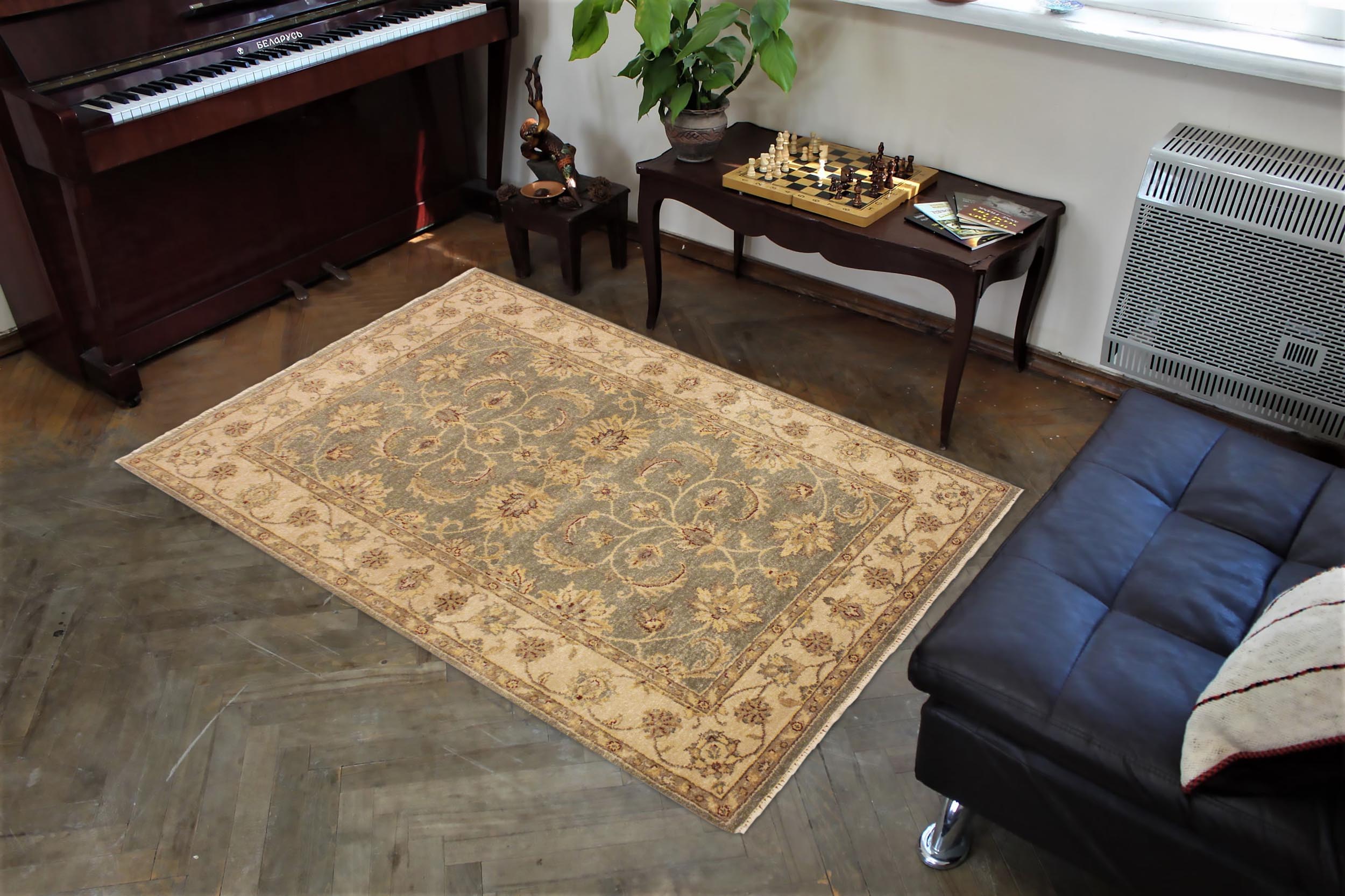 handmade Traditional Kafkaz Lt. Green Tan Hand Knotted RECTANGLE 100% WOOL area rug 4x6