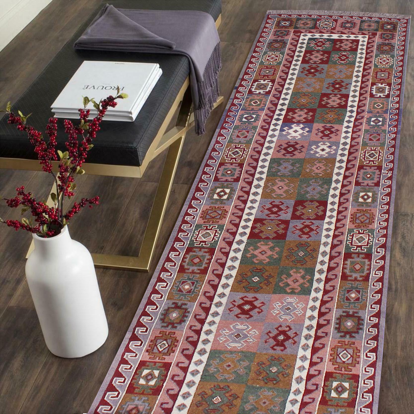 handmade Geometric Soumakh Red Gray Hand-Woven RUNNER 100% WOOL area rug 2 x 12