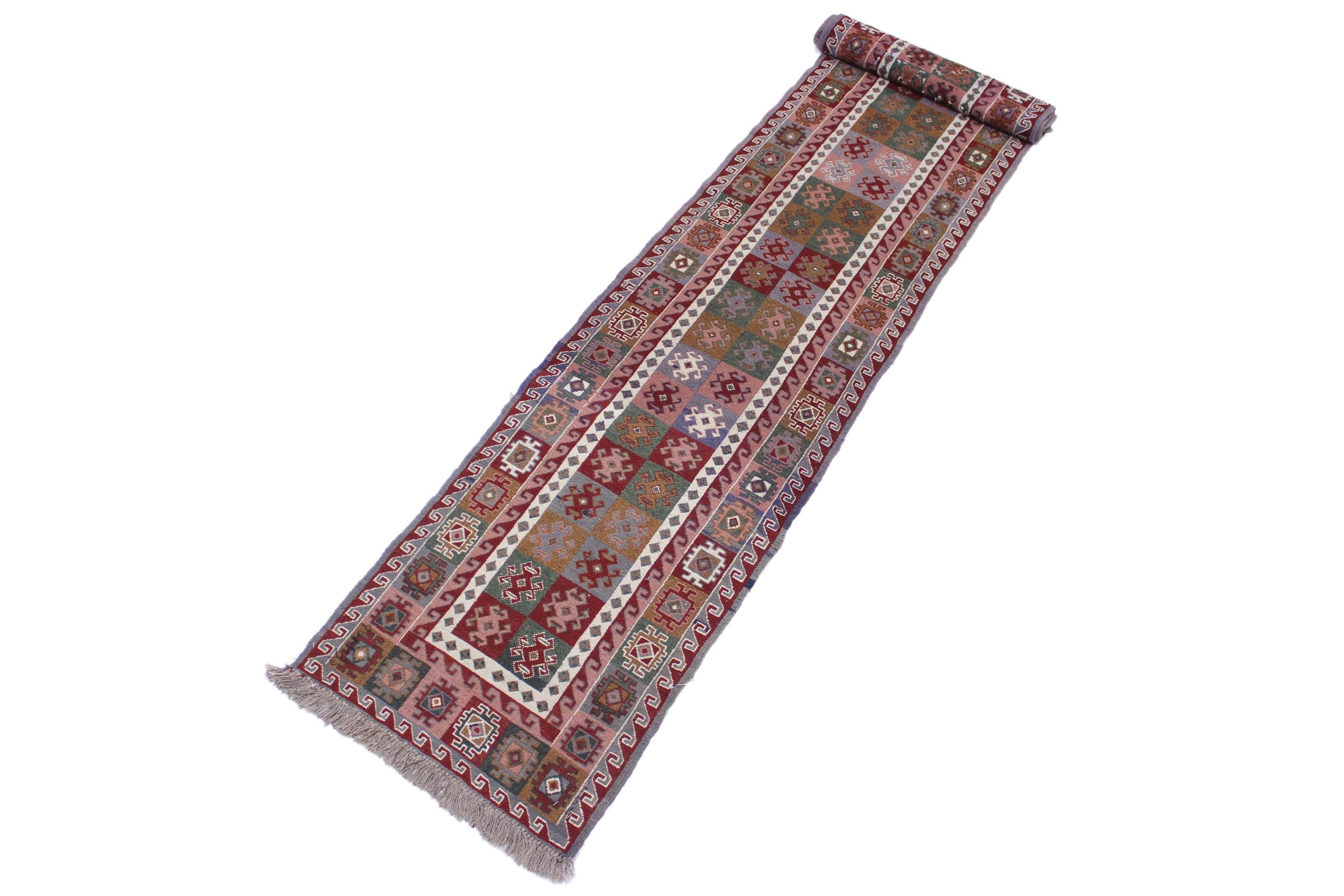 handmade Geometric Soumakh Red Gray Hand-Woven RUNNER 100% WOOL area rug 2 x 12