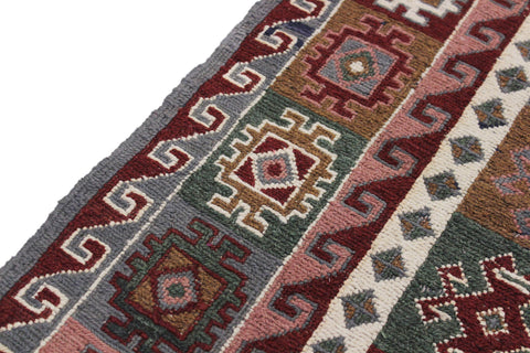 handmade Geometric Soumakh Red Gray Hand-Woven RUNNER 100% WOOL area rug 2 x 12