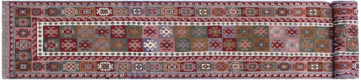 handmade Geometric Soumakh Red Gray Hand-Woven RUNNER 100% WOOL area rug 2 x 12