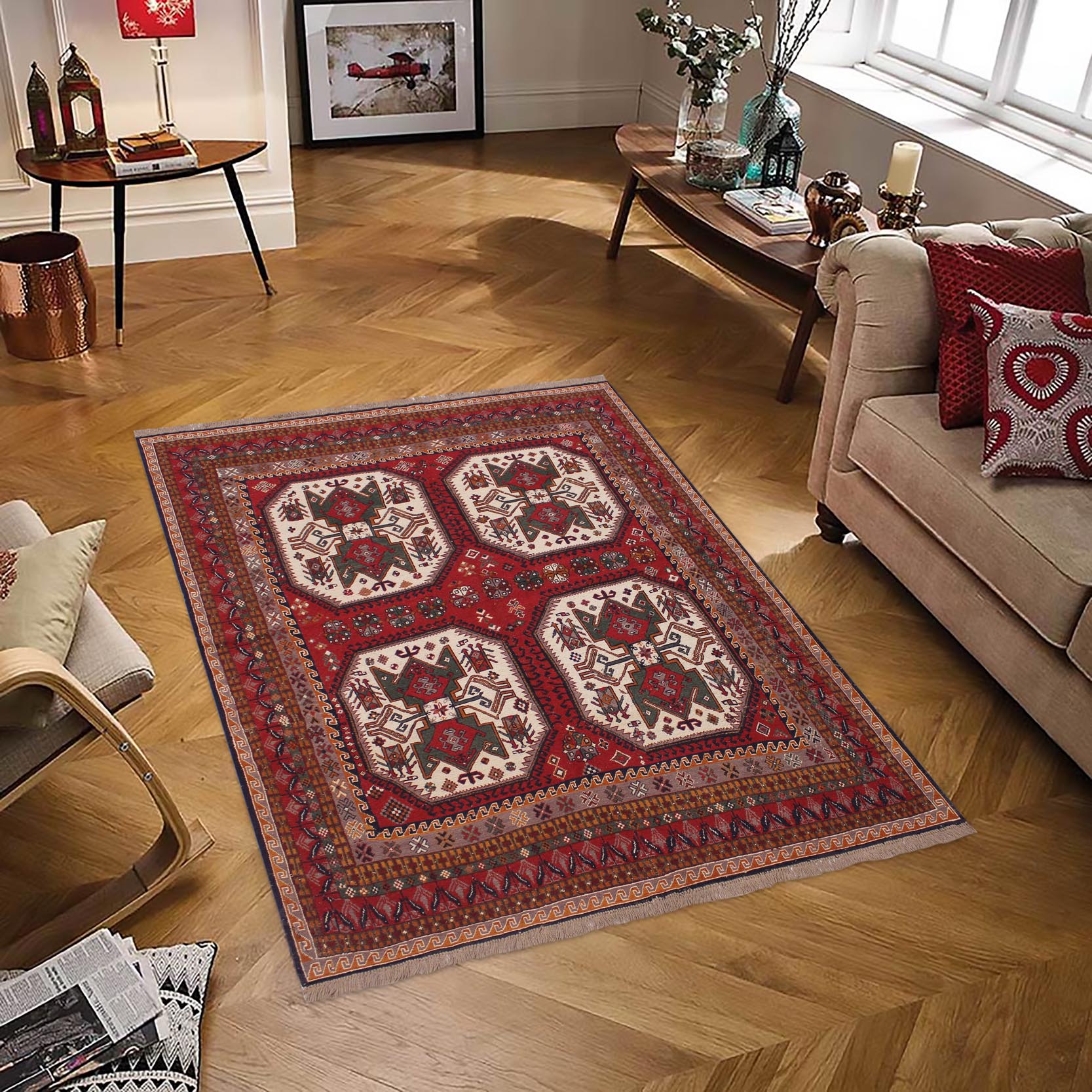 handmade Geometric Soumakh Rust Ivory Hand-Woven RECTANGLE 100% WOOL area rug 6 x 8