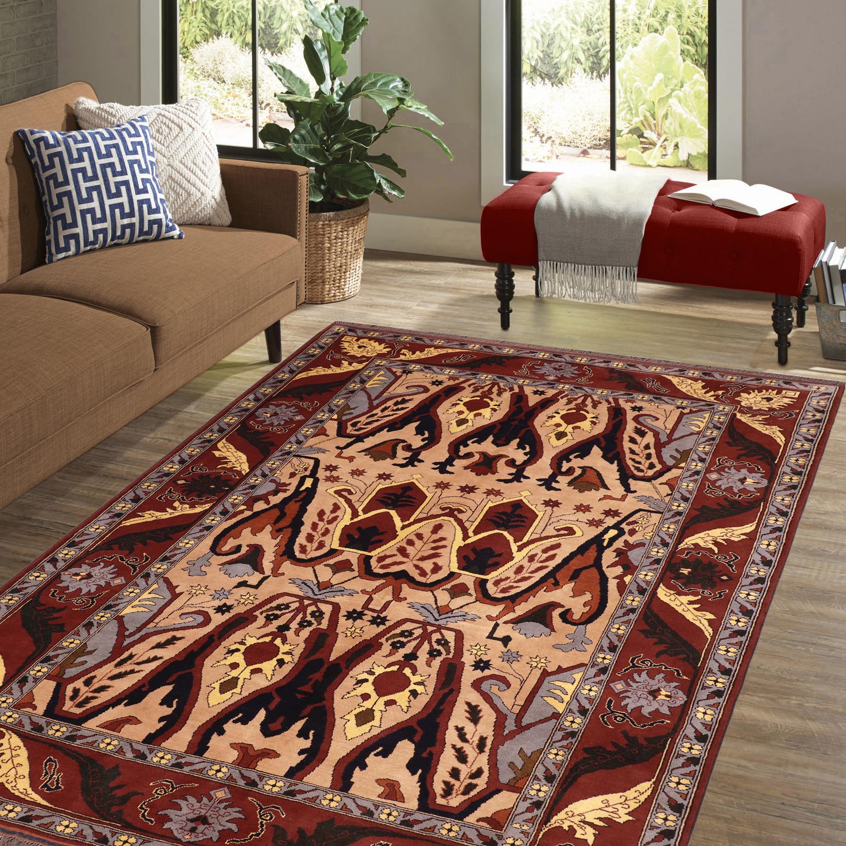 handmade Geometric Kargahi Tan Red Hand Knotted RECTANGLE 100% WOOL area rug 7' x 9'