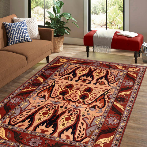 handmade Geometric Kargahi Tan Red Hand Knotted RECTANGLE 100% WOOL area rug 7' x 9'