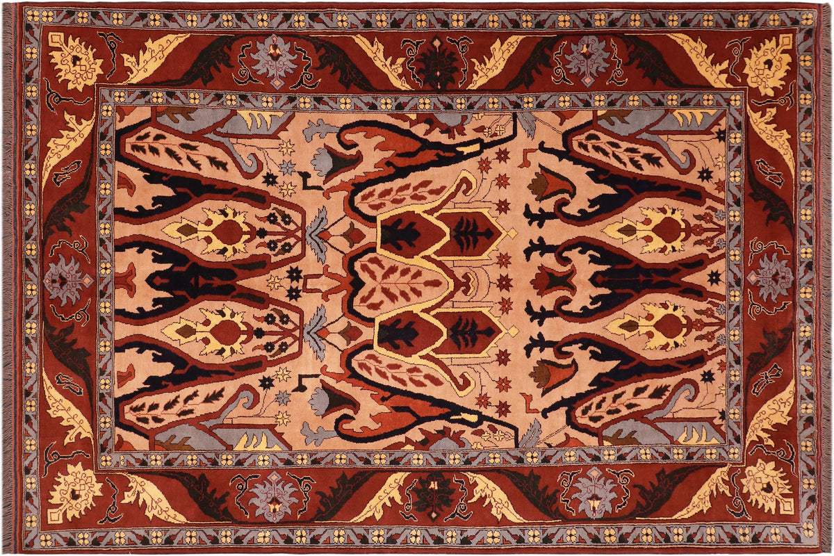 handmade Geometric Kargahi Tan Red Hand Knotted RECTANGLE 100% WOOL area rug 7' x 9'