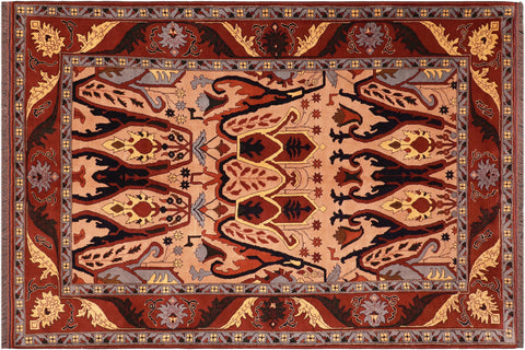 handmade Geometric Kargahi Tan Red Hand Knotted RECTANGLE 100% WOOL area rug 7' x 9'