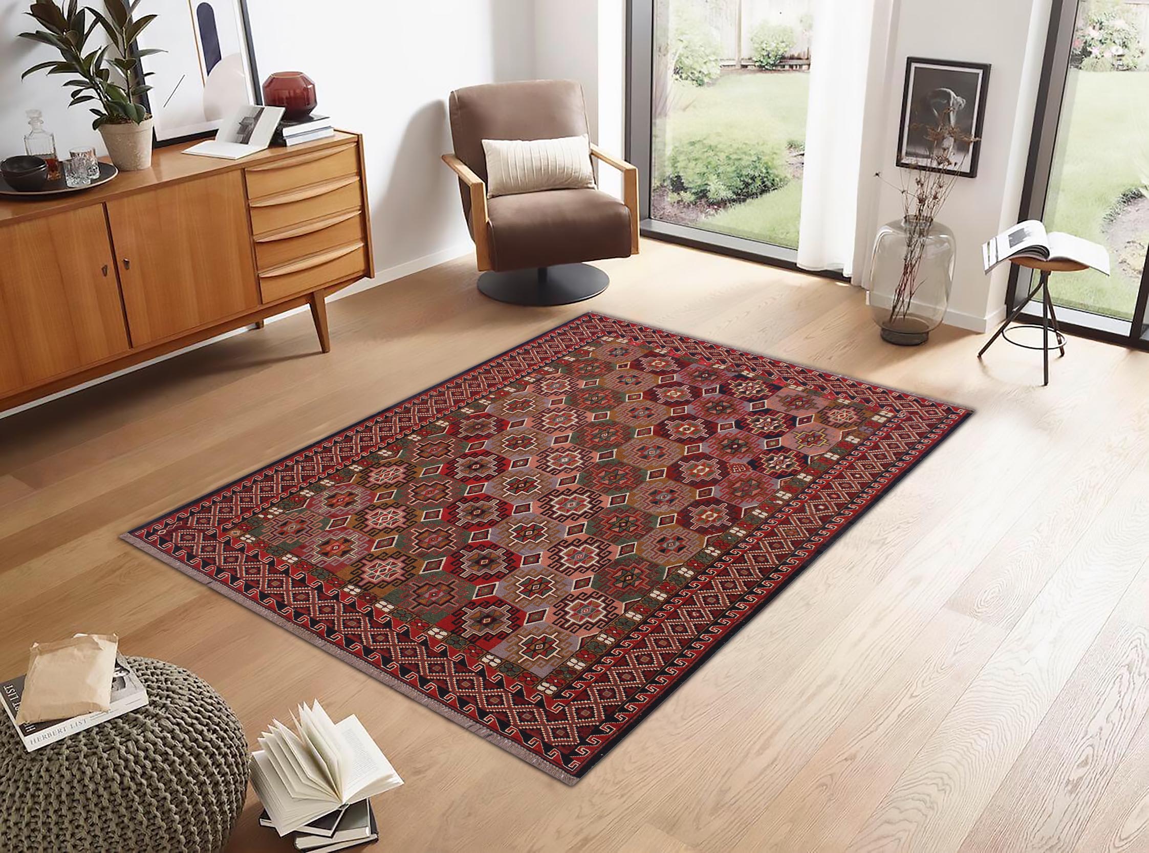 handmade Geometric Soumakh Rust Pink Hand-Woven RECTANGLE 100% WOOL area rug 6 x 8