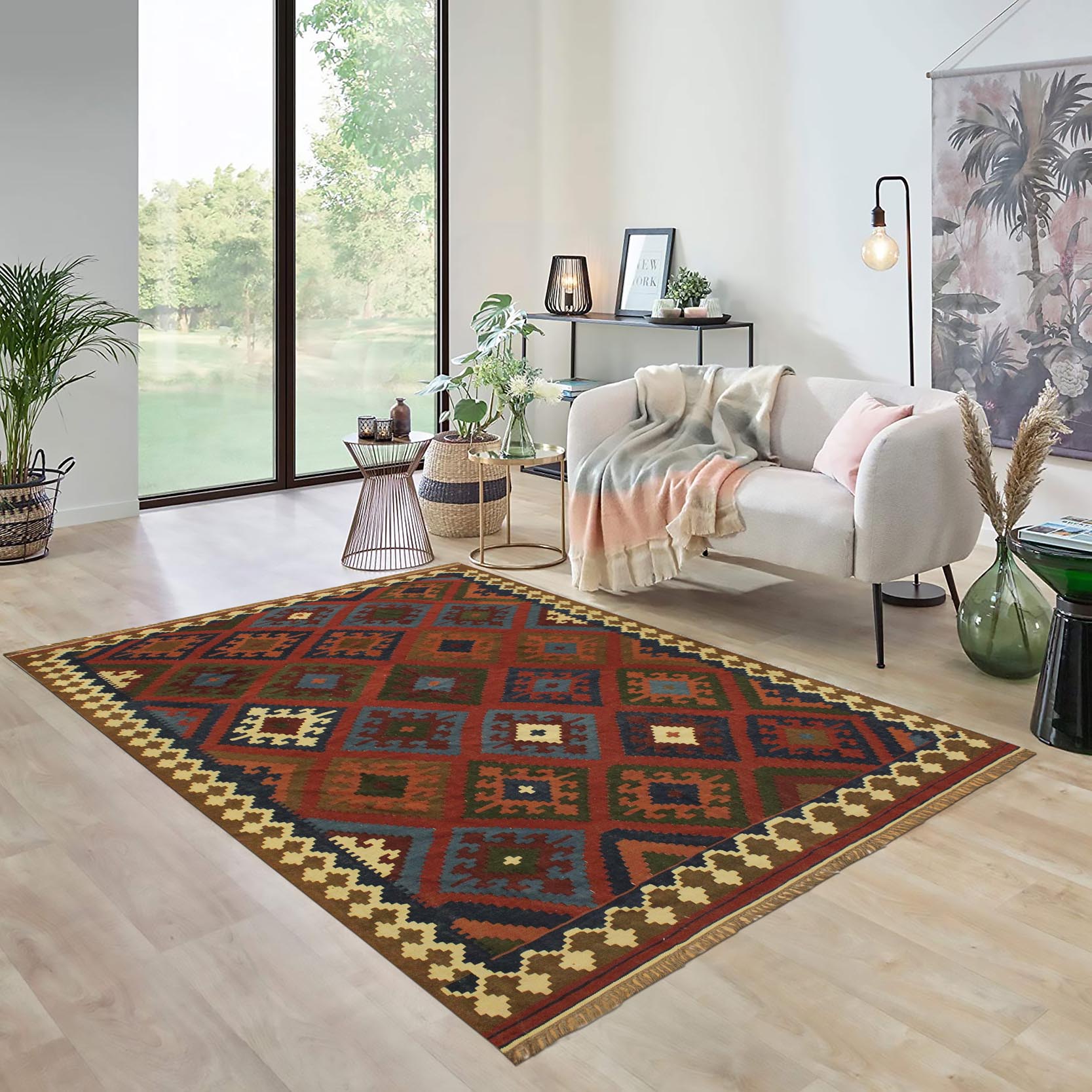 handmade Geometric Kilim Rust Blue Hand-Woven RECTANGLE 100% WOOL area rug 7x10