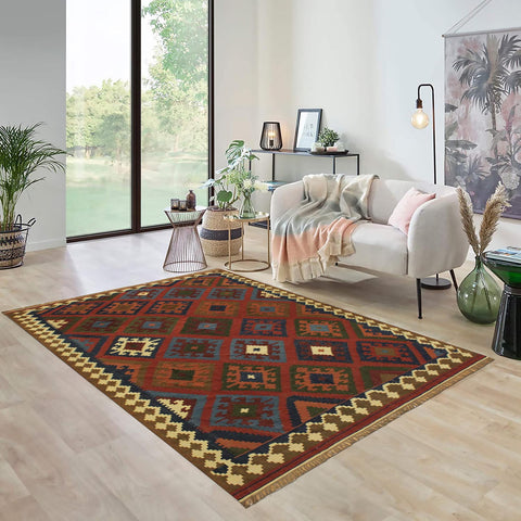 handmade Geometric Kilim Rust Blue Hand-Woven RECTANGLE 100% WOOL area rug 7x10