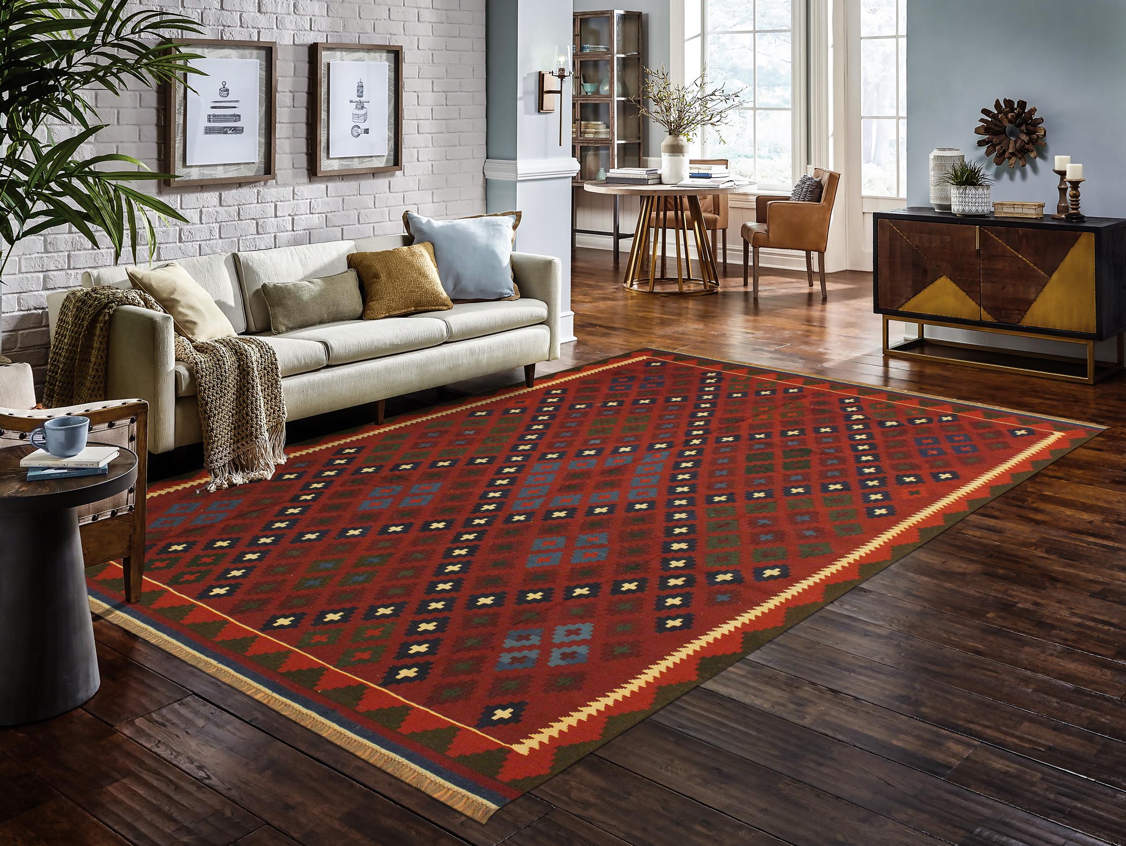 handmade Geometric Kilim Red Blue Hand-Woven RECTANGLE 100% WOOL area rug 8x10