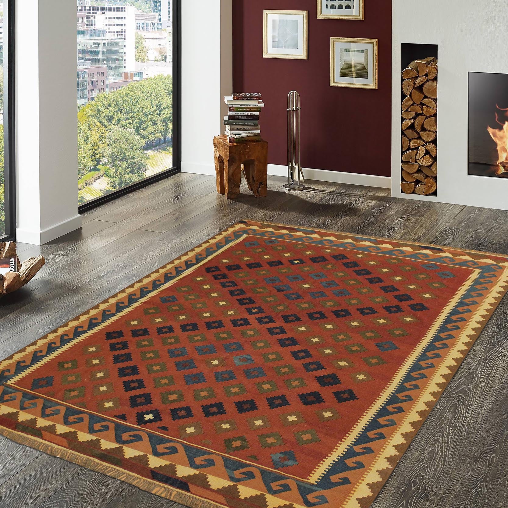 handmade Geometric Kilim Rust Blue Hand-Woven RECTANGLE 100% WOOL area rug 7x10