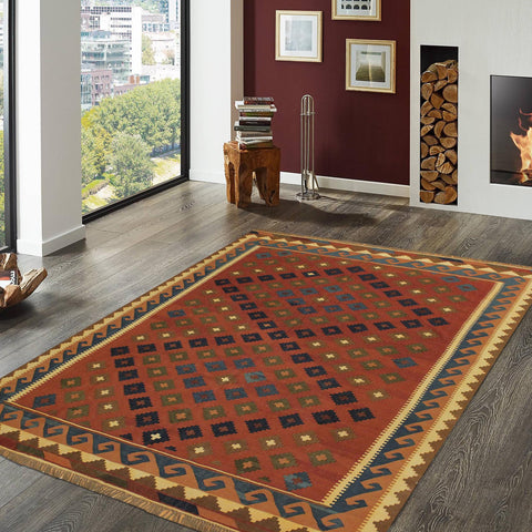 handmade Geometric Kilim Rust Blue Hand-Woven RECTANGLE 100% WOOL area rug 7x10