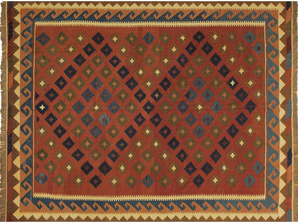 handmade Geometric Kilim Rust Blue Hand-Woven RECTANGLE 100% WOOL area rug 7x10