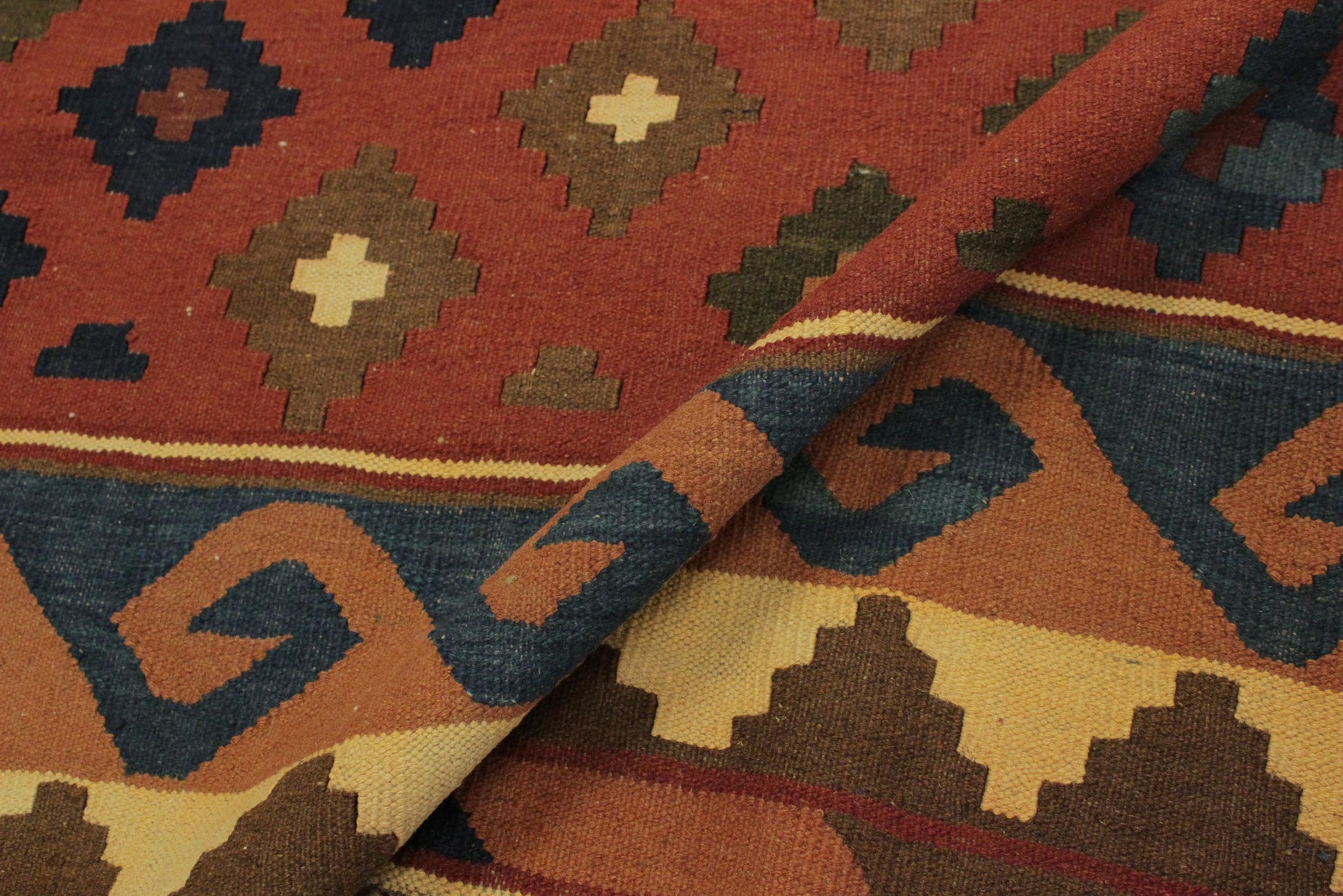 handmade Geometric Kilim Rust Blue Hand-Woven RECTANGLE 100% WOOL area rug 7x10