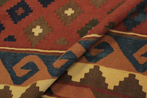 handmade Geometric Kilim Rust Blue Hand-Woven RECTANGLE 100% WOOL area rug 7x10