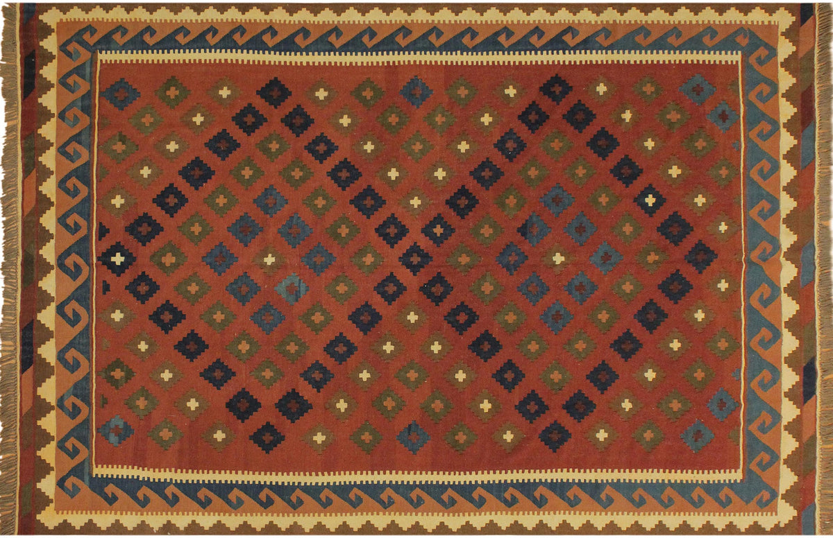 handmade Geometric Kilim Rust Blue Hand-Woven RECTANGLE 100% WOOL area rug 7x10