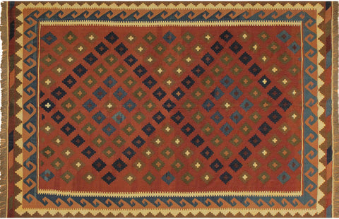 handmade Geometric Kilim Rust Blue Hand-Woven RECTANGLE 100% WOOL area rug 7x10