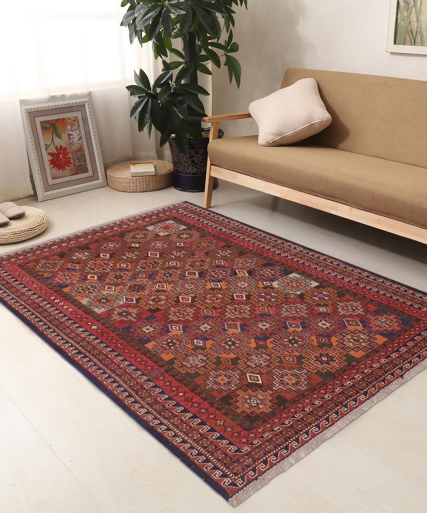 handmade Geometric Soumakh Rust Green Hand-Woven RECTANGLE 100% WOOL area rug 5 x 8
