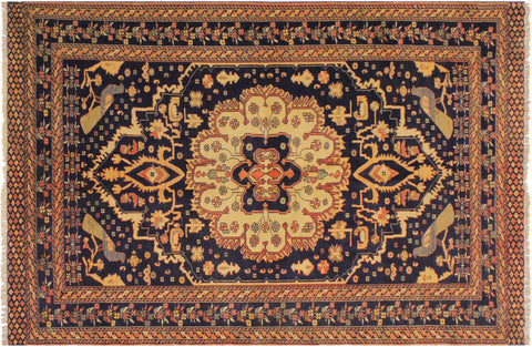 handmade Traditional Antique  Blue Ivory Hand Knotted RECTANGLE 100% WOOL area rug 5x6