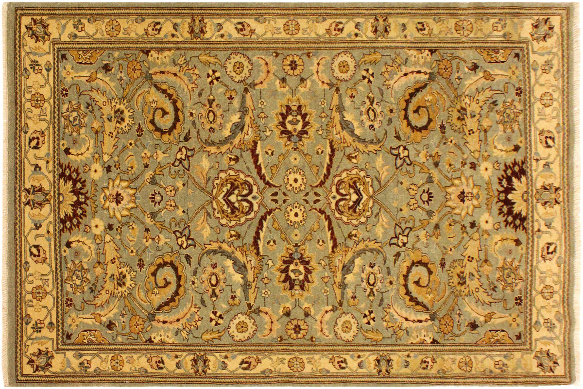 handmade Traditional Lahore Lt. Green Gold Hand Knotted RECTANGLE 100% WOOL area rug 4' x 6'