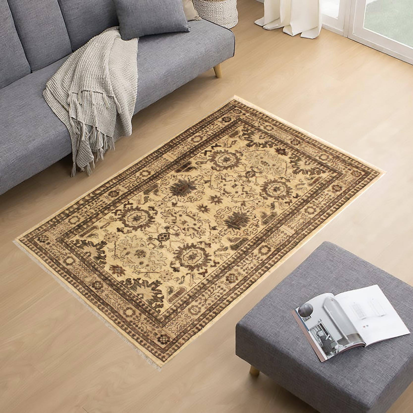 handmade Geometric Kafkaz Tan Beige Hand Knotted RECTANGLE 100% WOOL area rug 4' x 6'