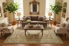 Turkish Knotted Istanbul Jerrica Tan/Blue Wool Rug - 4'1''X5'11''