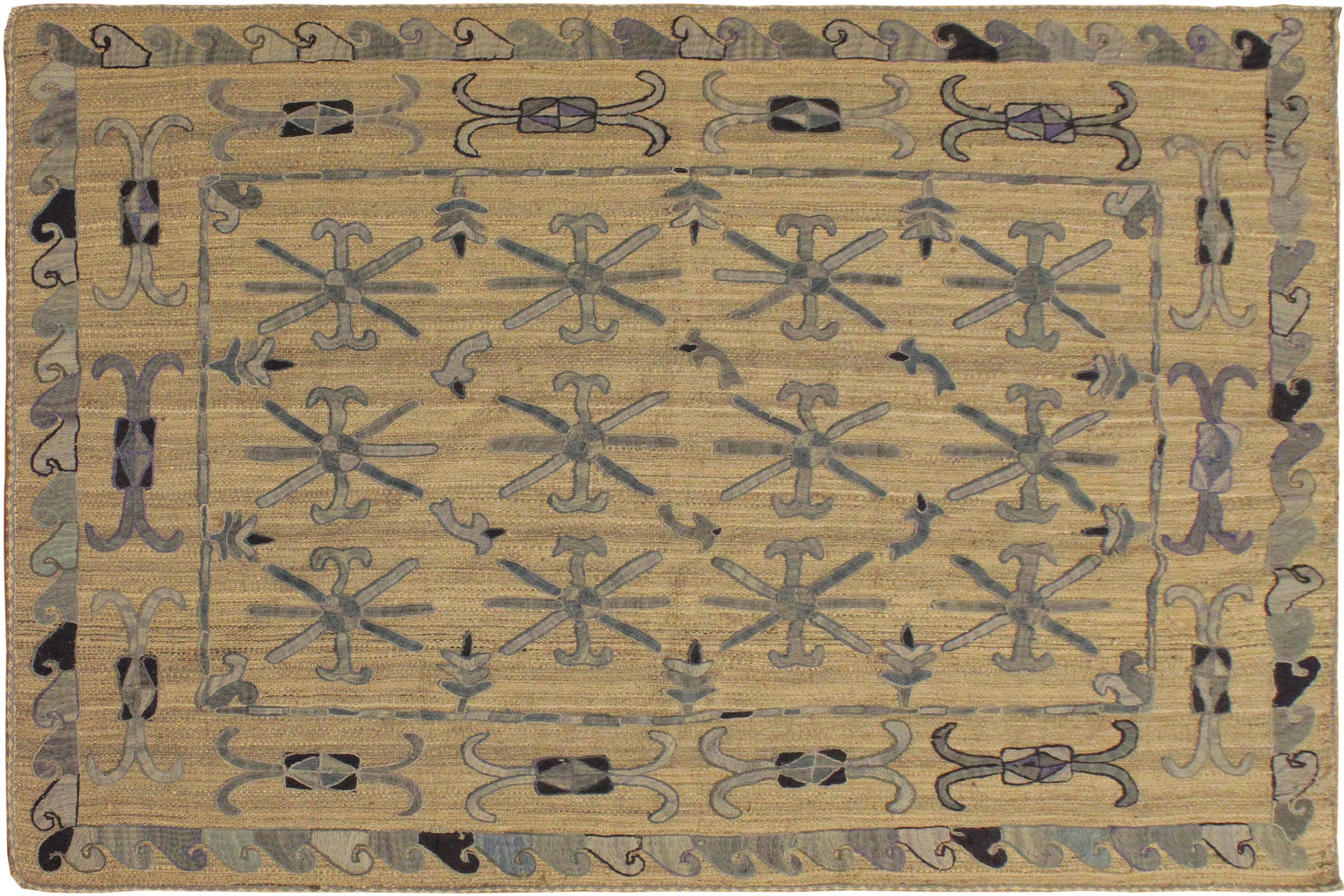 handmade Geometric Ikat Gray Blue Hand-Woven RECTANGLE 100% WOOL area rug 5' x 6'