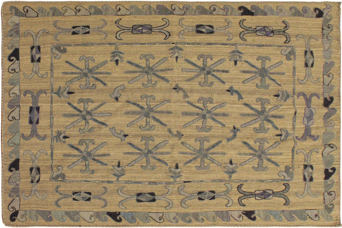 handmade Geometric Ikat Gray Blue Hand-Woven RECTANGLE 100% WOOL area rug 5' x 6'