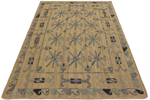 handmade Geometric Ikat Gray Blue Hand-Woven RECTANGLE 100% WOOL area rug 5' x 6'