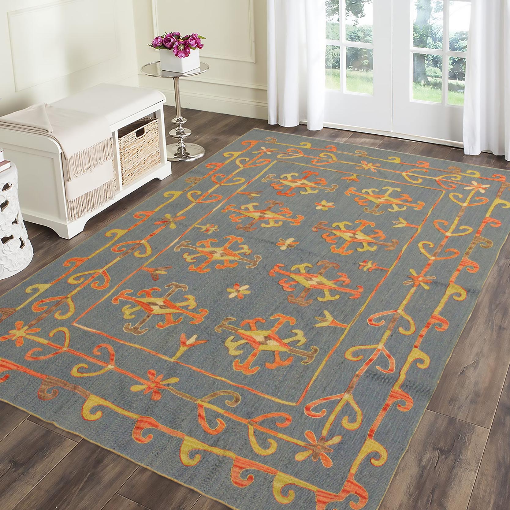 handmade Geometric Ikat Blue Pink Hand-Woven RECTANGLE 100% WOOL area rug 6' x 8'