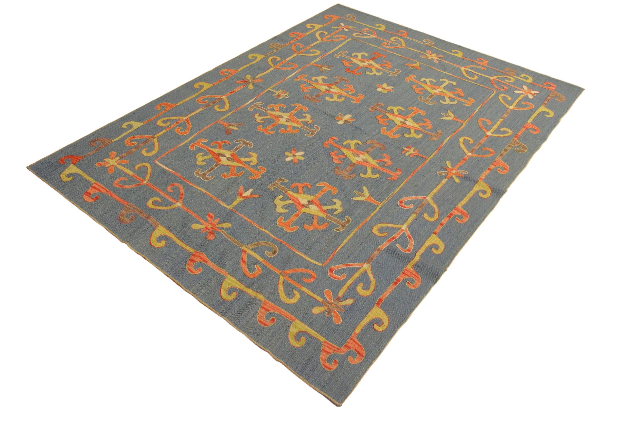 handmade Geometric Ikat Blue Pink Hand-Woven RECTANGLE 100% WOOL area rug 6' x 8'