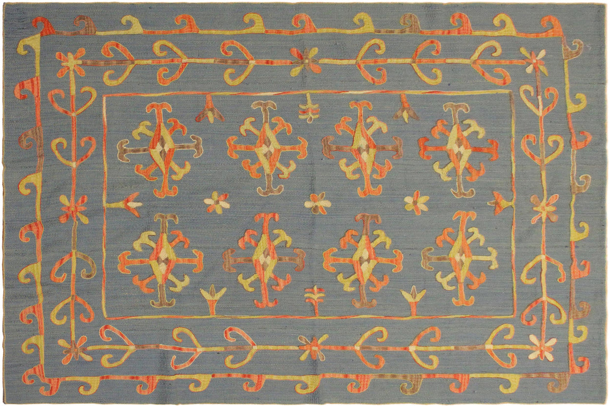 handmade Geometric Ikat Blue Pink Hand-Woven RECTANGLE 100% WOOL area rug 6' x 8'