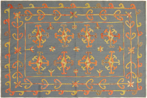 handmade Geometric Ikat Blue Pink Hand-Woven RECTANGLE 100% WOOL area rug 6' x 8'