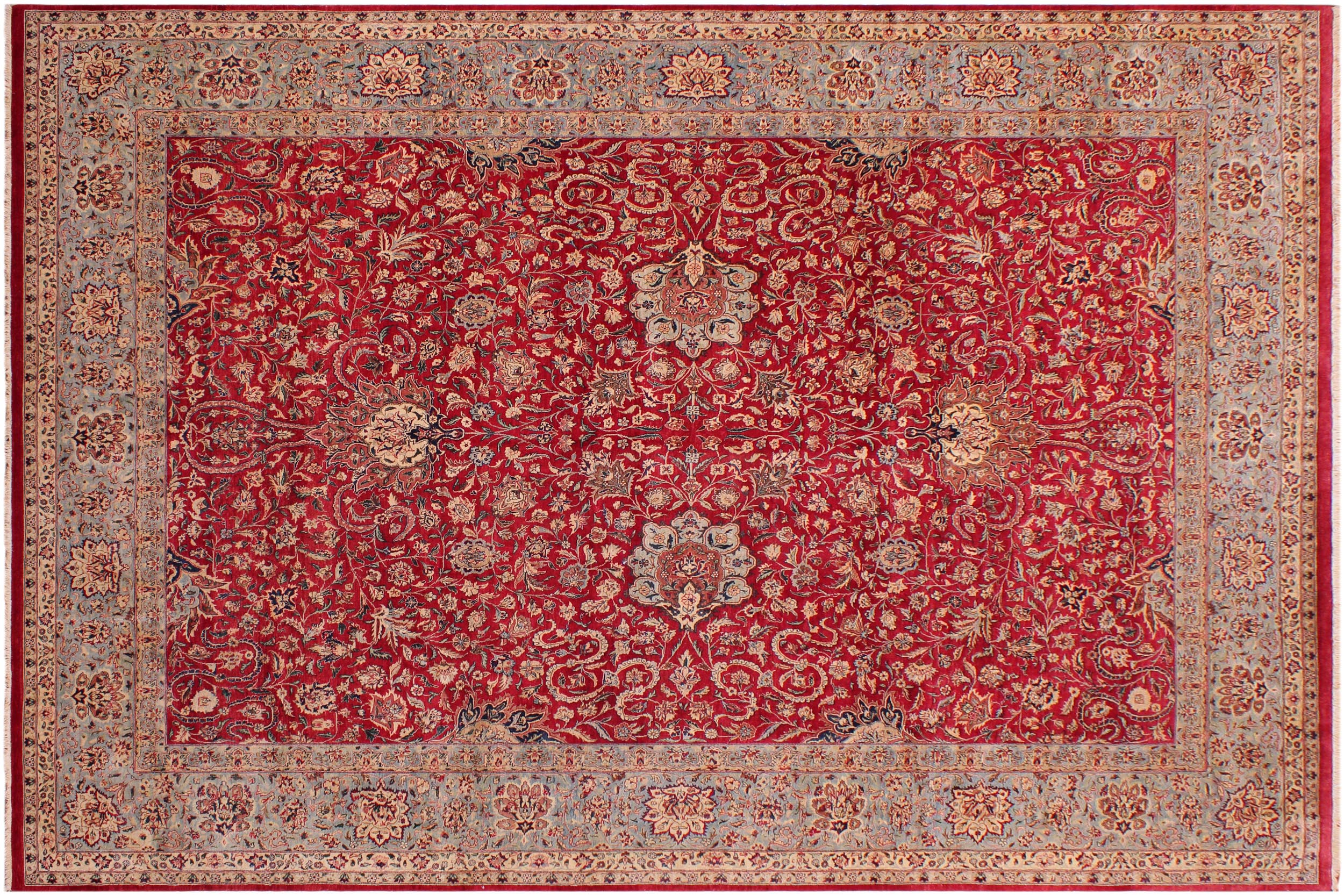 handmade Traditional Kashan Red Lt. Blue Hand Knotted RECTANGLE 100% WOOL area rug 9 x 12
